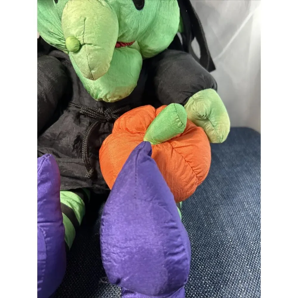 Vintage Parachute Nylon Witch Stuffed Plush Halloween Decor 20" 1993 w Broom - Picture 3 of 13